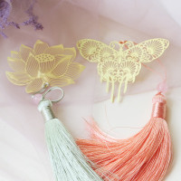 金属莲花荷花涟漪菩提叶黄铜镂空叶脉流苏古典书签|荷花+蝴蝶PP装