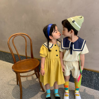 童套装2020夏季韩版男女童学院风套装棉麻翻领连衣裙兄妹装元氣小猴STRONGMONKEY