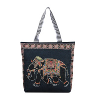 timely时尚女包新款单肩包帆布包短途旅行包绣花民族风大包电脑包|后背黑色帆布亢奋大象内衬色随机不指定
