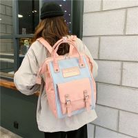 书包女韩版高中大学生潮百搭简约大容量2019新款电脑包双肩包背包|粉拼蓝(带挂件)
