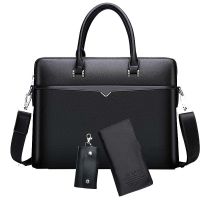 男士百搭单肩包公文包商务男包男士斜挎包横款商务电脑包出差包|公文包-黑色+钱包+钥匙包