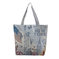 十年刺绣帆布包单肩包卡通可爱学生大包韩国休闲包电脑包|浅灰蓝底色自由女神像有拉链衬布内贴袋