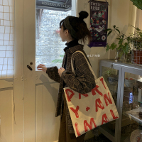 韩国同款ins手绘字母简约大容量单肩学生帆布书包 party