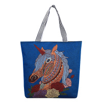 新款单肩包帆布包短途旅行包绣花民族风大包电脑包|后背黑色帆布花开独角兽内衬色随机不指定