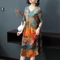 夏季新款女装宽松连衣裙2019印花仿真丝大码裙子中长款