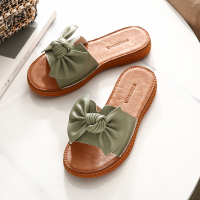 拖鞋女夏外穿蝴蝶结平底沙滩鞋海边全牛皮时尚真皮凉拖鞋网红女鞋