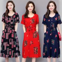 中老年女装棉绸连衣裙大码中长款中年妈妈装短袖系带圆领碎花裙子