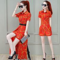 2020夏季女装新款印花短袖中长款连衣裙女士韩版修身裙子三件套潮