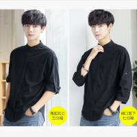 亚麻料立领纯色衬衫男士七分袖宽松港风韩版学生半袖薄款透气衬衫