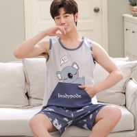 无袖背心睡衣男夏棉质加肥加大码新款胖大童青少年薄款家居服套装