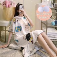 睡衣女夏季短袖纯棉带胸垫睡裙女长款过膝可爱学生透气薄款家居服