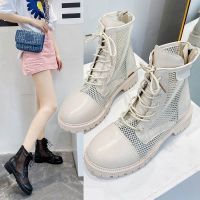 2021夏季新款系带网格马丁靴女平跟网面凉靴子女镂空百搭透气中跟