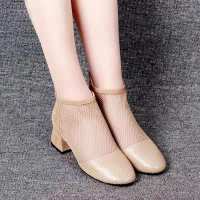 红晴挺真皮圆头粗跟凉靴女2021春夏新款网纱包头粗跟凉鞋透气女鞋