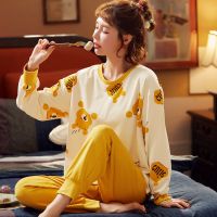 春秋冬季纯棉睡衣女长袖长裤套装大码可爱韩版时尚可外穿夏家居服