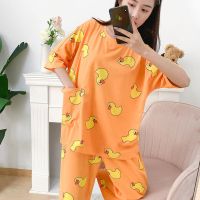 韩国新款网红布袋睡衣女三件套短袖休闲宽松大码家居服七分裤套装