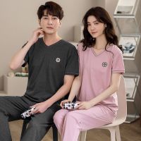情侣睡衣女夏季纯棉短袖长裤薄款全棉夏天男士休闲大码家居服套装