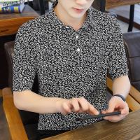 夏季冰丝短袖t恤男韩版潮流印花翻领衫男装休闲衬衫领半袖t恤