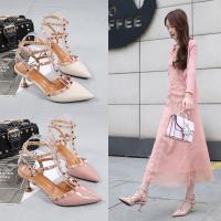 夏季6公分 高跟铆钉高跟鞋细跟尖头浅口柳钉包头一字扣性感凉鞋女