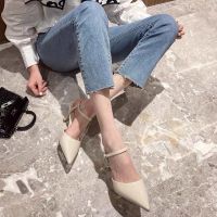 卓诗昵真皮包头女凉鞋2021夏季款一字带细高跟鞋尖头网红鞋仙女鞋
