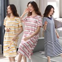 条纹睡裙纯棉质女夏过膝长款短袖薄款学生睡衣韩版新款孕妇长裙子