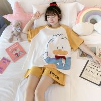 睡衣女夏季薄款棉质短袖学生卡通可爱甜美可外穿两件套家居服套装