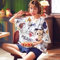 睡衣女夏季纯棉薄款套装可外穿新款短袖裤2021宽松大码家居服