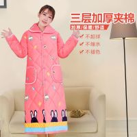 冬季三层夹棉加厚珊瑚绒睡袍女冬韩版法兰绒加厚保暖浴袍睡衣长款