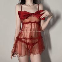 微醺小姐:哥哥拆礼物吗 红色性感迷人吊带睡裙女网纱诱惑情侣套装