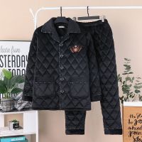 中老年胖哥睡衣男士冬季胖子大码宽松家居服肥人套装三层加厚夹棉