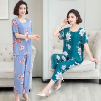 妈妈装夏季短袖套装棉绸睡衣女中老年大码家居服人造棉宽松两件套