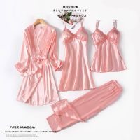 睡衣女夏季薄款性感四件套睡裙吊带睡袍冰丝春秋天家居服短袖套装