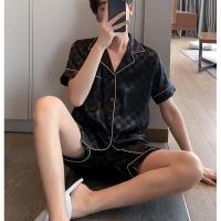 睡衣男士夏季薄款短袖加大仿真丝宽松简约春秋家居服两件套装方格