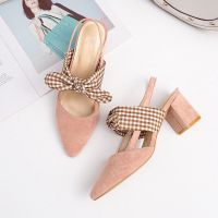 2021夏季新款女鞋凉鞋女休闲粗跟蝴蝶结时尚气质ol尖头包头高跟鞋