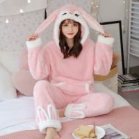 秋冬季法兰绒女士睡衣学生韩版加厚珊瑚绒冬天可爱毛绒家居服套装