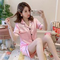 短袖睡衣女夏季冰丝韩版性感加大码春夏天仿真丝家居服女两件套装