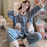 翻领开衫睡衣女冬季珊瑚绒保暖大码家居服法兰绒韩版网红套装