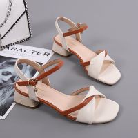 真皮达芺妮凉鞋女2021新款夏季粗跟方头中跟时尚百搭仙女一字扣鞋