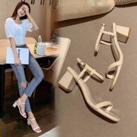 粗跟凉鞋女夏2021新款晚晚露趾百搭方头一字带仙女风罗马高跟凉鞋