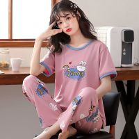 睡衣女夏棉质短袖长裤韩版休闲宽松薄款可爱卡通可外穿家居服套装
