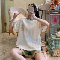 睡衣女夏季薄款纯色可爱卡通清新棉质短袖短裤可外穿家居服套装