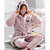 睡衣女士冬季长袖珊瑚绒三层夹棉袄加厚加绒秋冬款保暖家居服套装