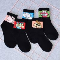 3|5双袜子女韩版中筒日系学院风可爱学生卡通蜡笔小新网红in|蜡笔小新黑色组合5双装 均码(35-40)收藏店铺优先发货