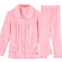 法兰绒秋冬睡衣女加厚开衫套装中年妈妈睡衣女士家居服大码