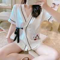 和服睡衣女夏季冰丝短袖真丝绸两件套装可爱网红春秋家居服薄