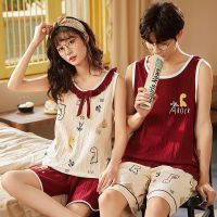 睡衣女夏季棉质背心无袖短裤情侣家居服男士夏天薄款宽松大码套装