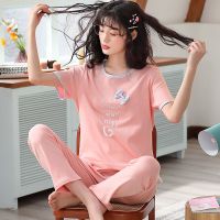 新款纯棉睡衣女夏短袖长裤两件套装韩版学生可爱女士可外穿家居服