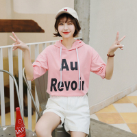 纯棉大码宽松连帽印花短袖t恤女新款夏装休闲百搭字母上衣(60件起售)