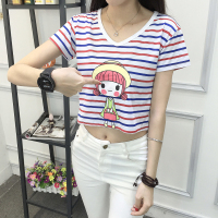 新款夏季短款罩衫T恤女装休闲百搭V领纯棉条纹短袖T恤女(55件起售)