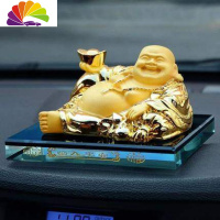 舒适主义汽车摆件车内饰品摇头弥勒佛像创意个性车载香水座男装饰用品大全 绒沙金佛+停车牌+支架