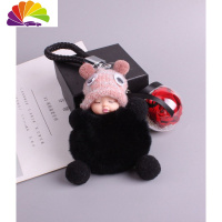 舒适主义可爱卡通毛绒软萌娃娃汽车钥匙扣网红少女心韩国钥匙挂件书包挂饰 双球毛线帽黑色娃娃+永生花+新款皮绳